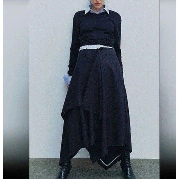 Zara Women Midi Skirt Small Black Pinstriped handkerchief Asymmetric High Low - Picture 2 of 14